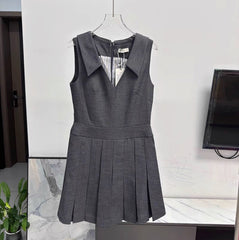 Grey Collared Pleated Skirt Dress