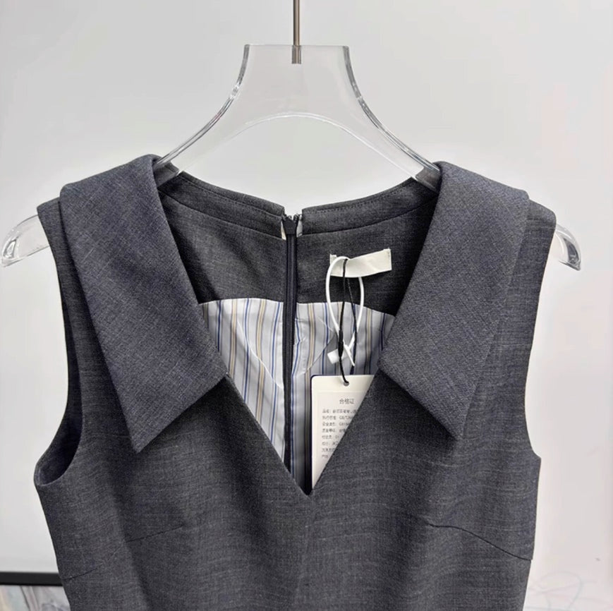 Grey Collared Pleated Skirt Dress
