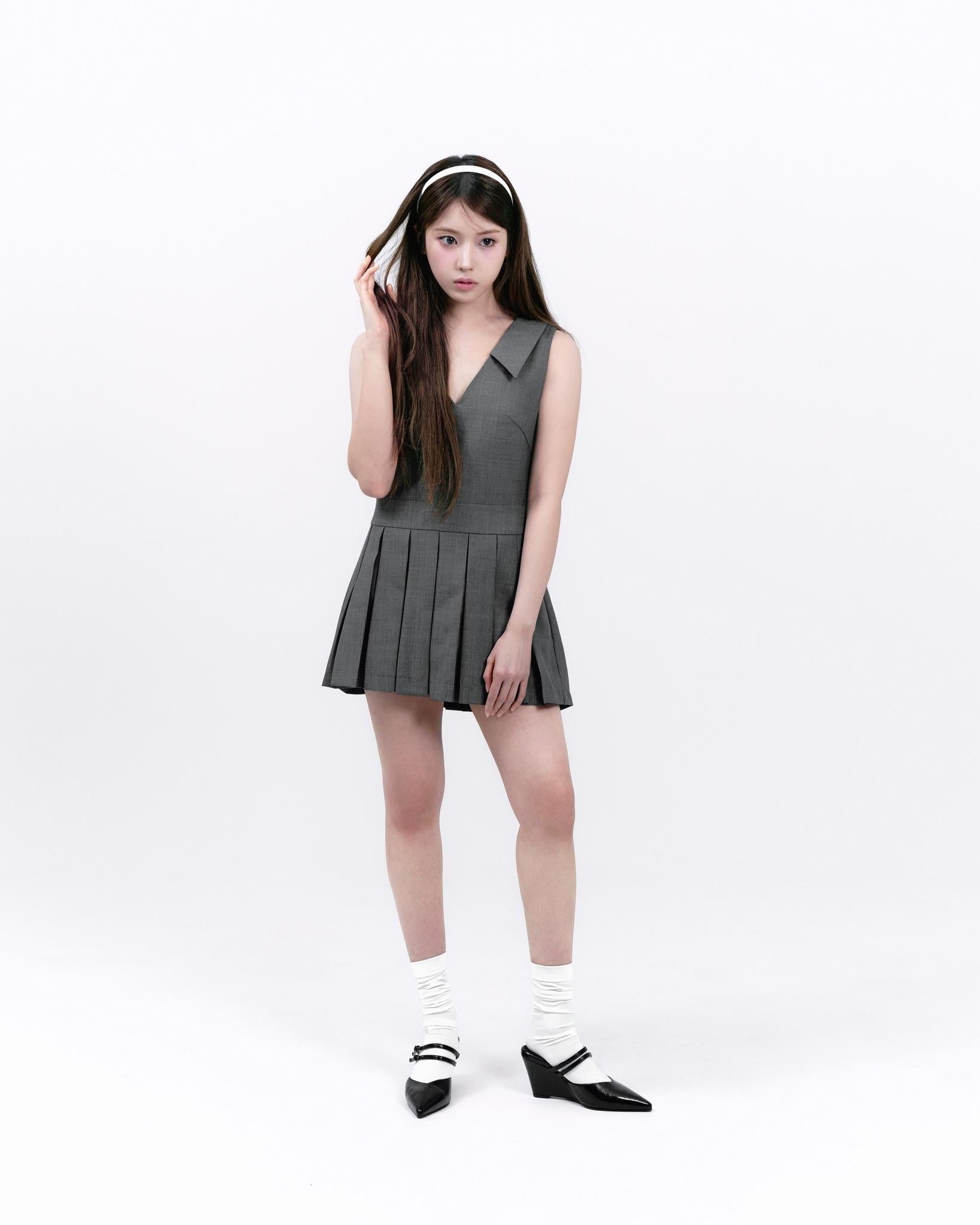 Grey Collared Pleated Skirt Dress