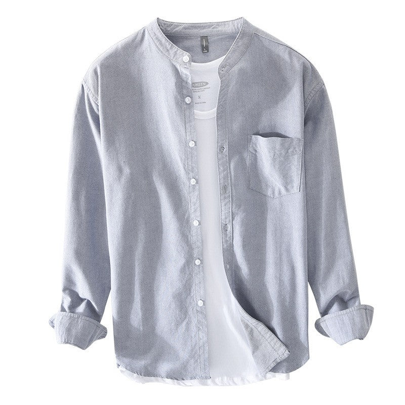 Grey Band Collar Button-Down Shirt