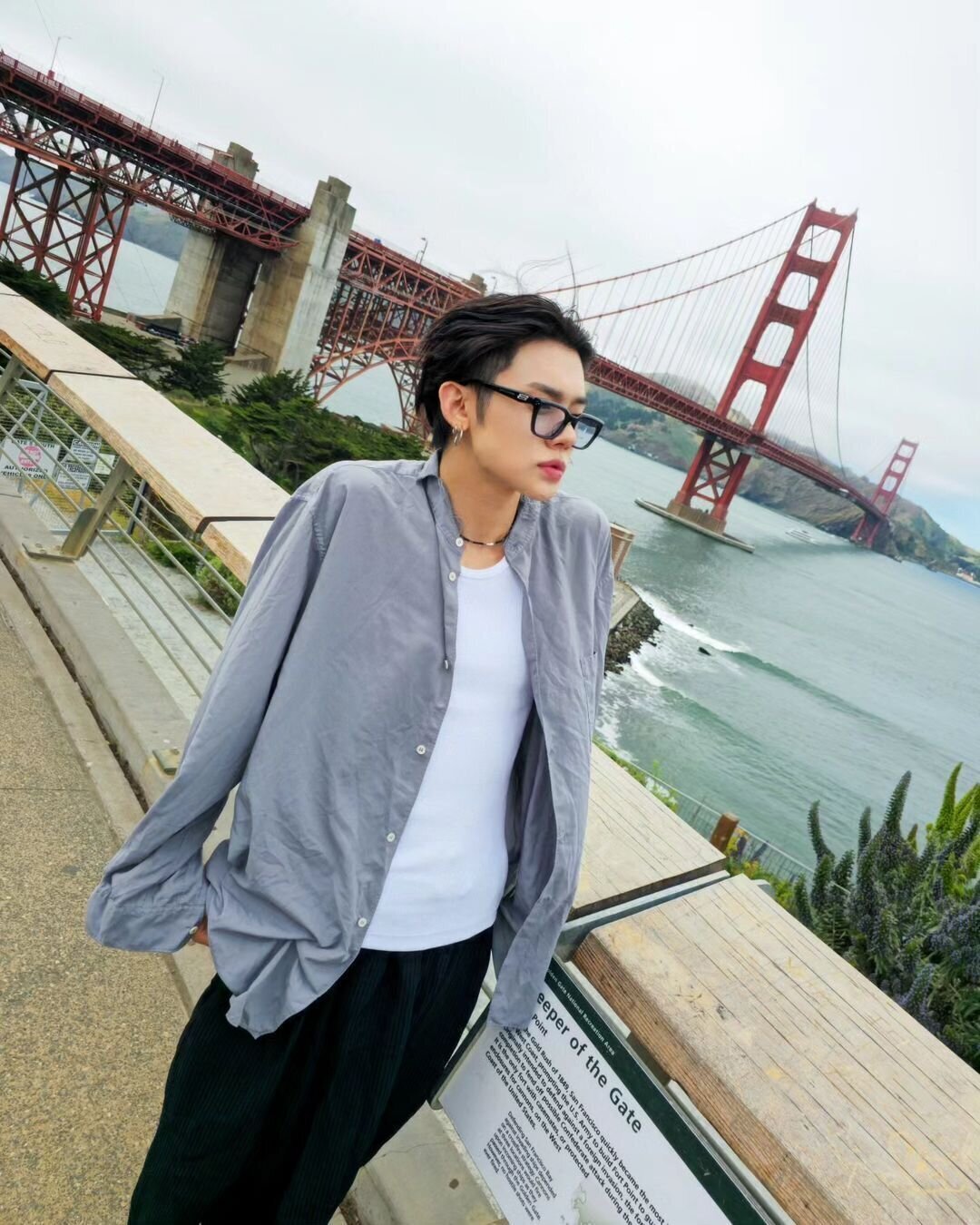 Grey Band Collar Button-Down Shirt