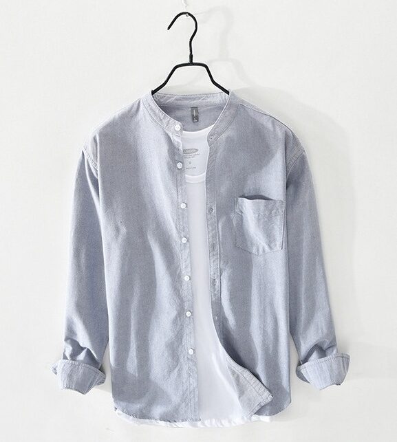 Grey Band Collar Button-Down Shirt
