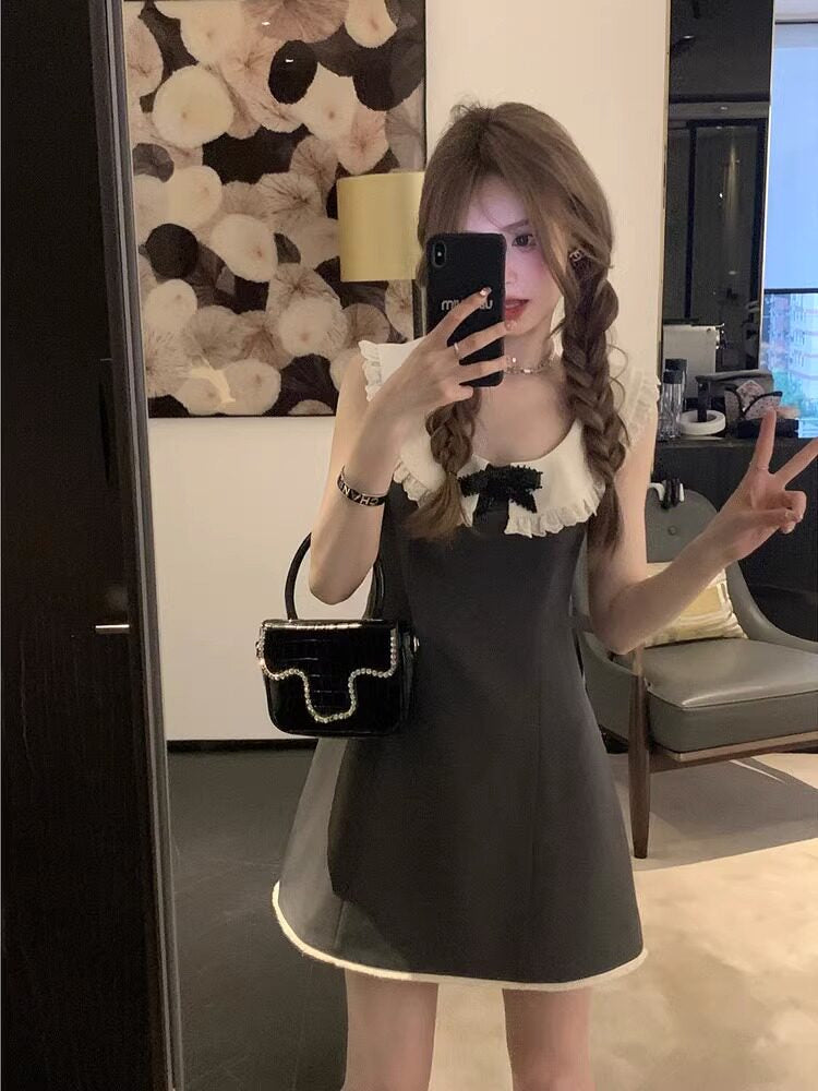 Grey Contrast Ruffle Collar A-Line Mini Dress