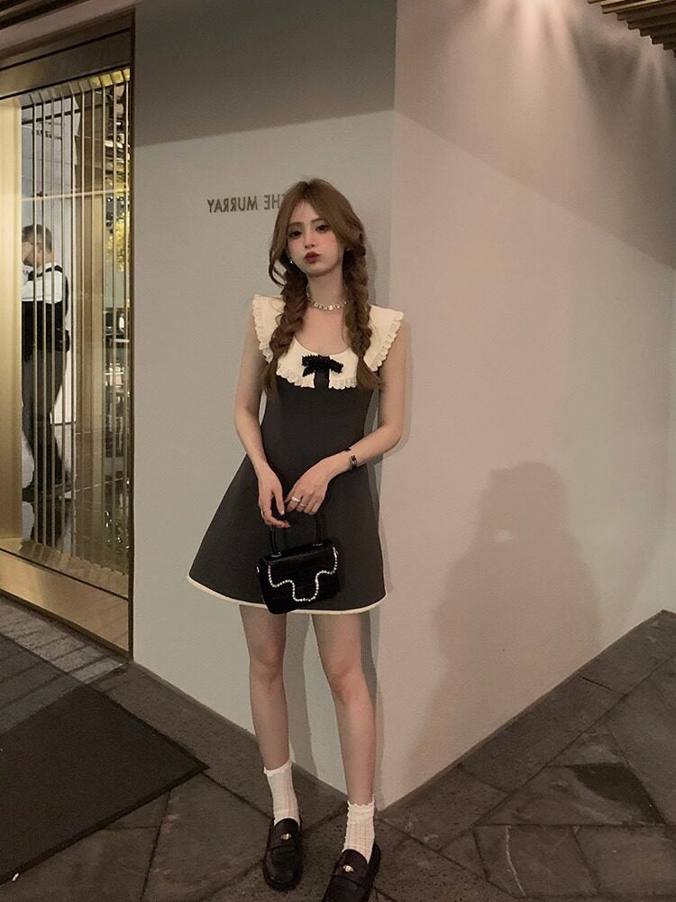 Grey Contrast Ruffle Collar A-Line Mini Dress