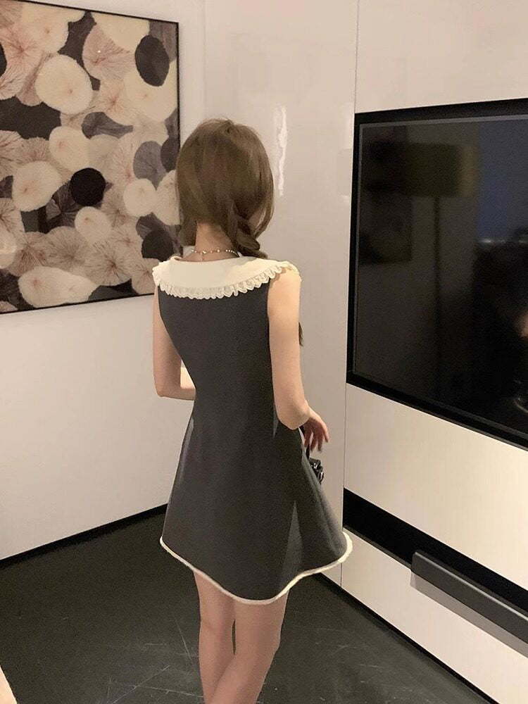 Grey Contrast Ruffle Collar A-Line Mini Dress