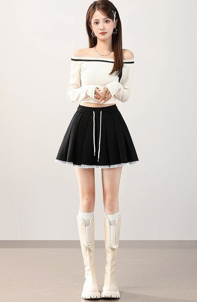Grey Cotton Lace Pleated Skirt