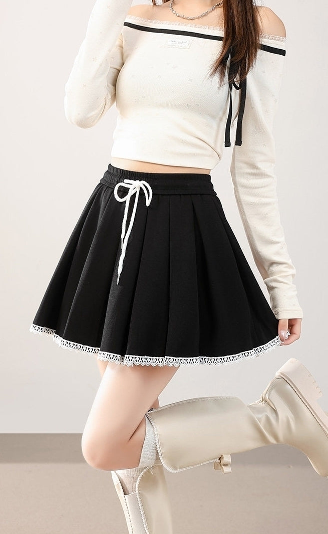 Grey Cotton Lace Pleated Skirt