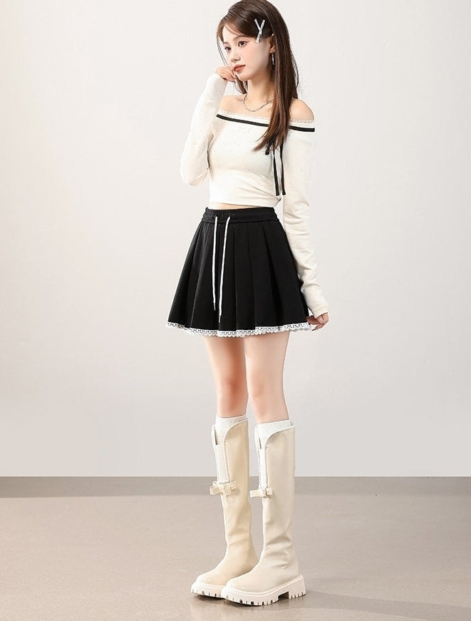 Grey Cotton Lace Pleated Skirt