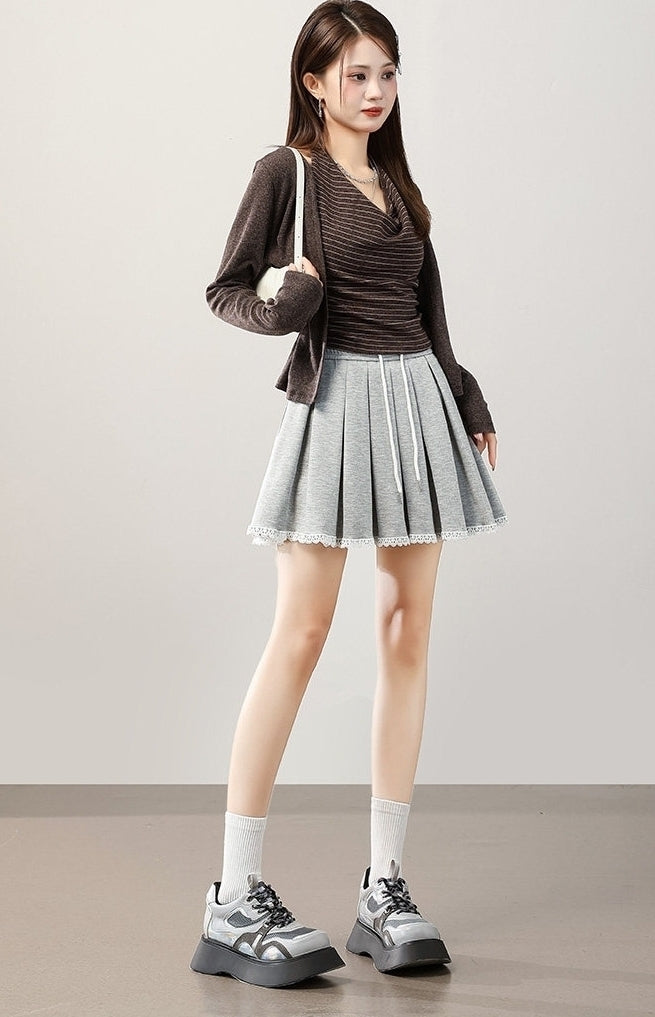 Grey Cotton Lace Pleated Skirt