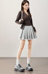 Grey Cotton Lace Pleated Skirt