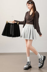 Grey Cotton Lace Pleated Skirt