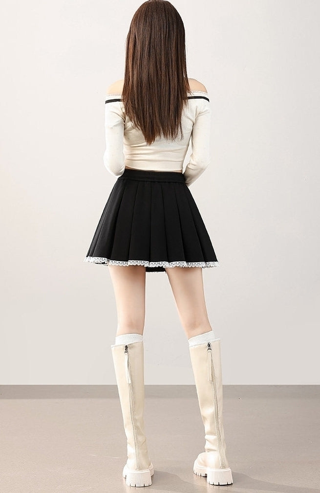 Grey Cotton Lace Pleated Skirt