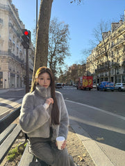 Grey Faux Fur Zipped-Up Winter Jacket