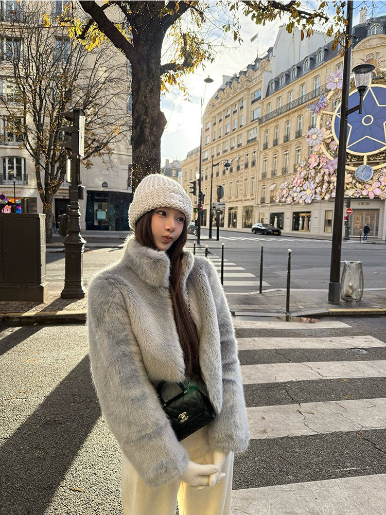 Grey Faux Fur Zipped-Up Winter Jacket