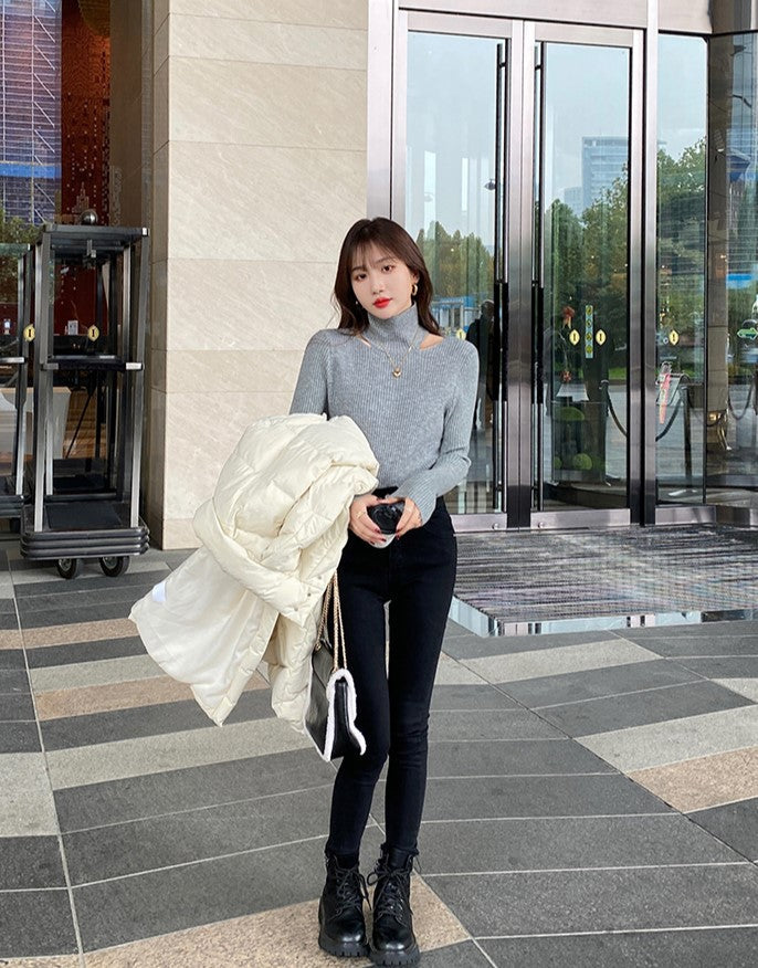 Grey Cut-Out Collar Ribbed Sweater