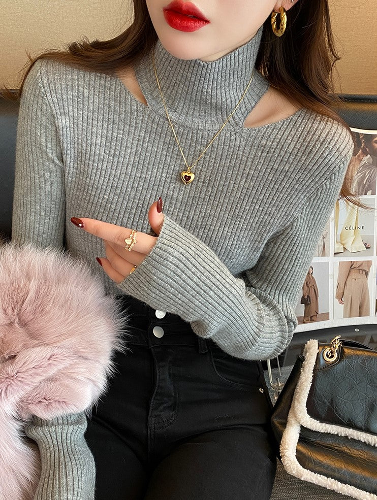 Grey Cut-Out Collar Ribbed Sweater