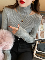 Grey Cut-Out Collar Ribbed Sweater