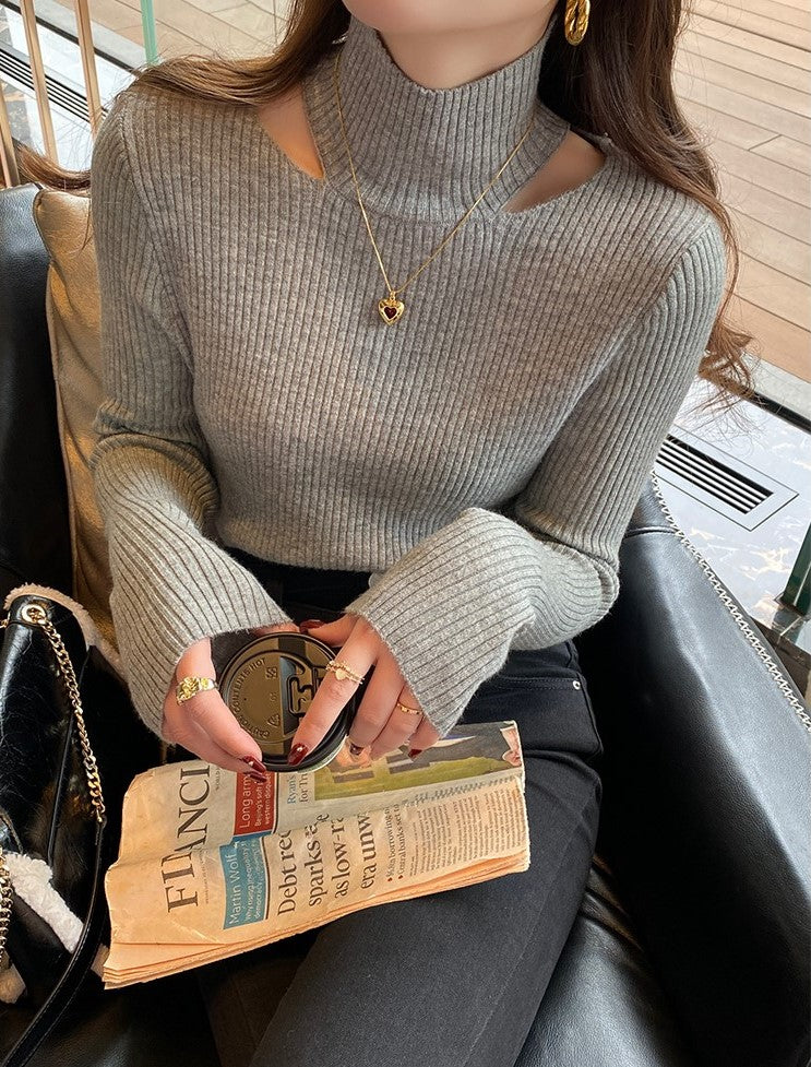 Grey Cut-Out Collar Ribbed Sweater