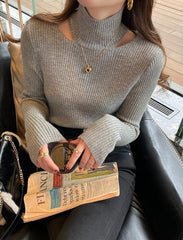 Grey Cut-Out Collar Ribbed Sweater