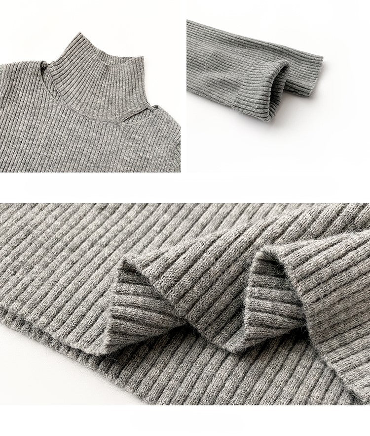 Grey Cut-Out Collar Ribbed Sweater