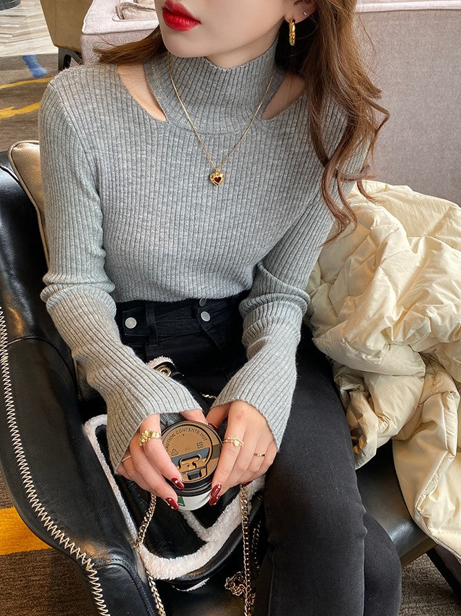 Grey Cut-Out Collar Ribbed Sweater