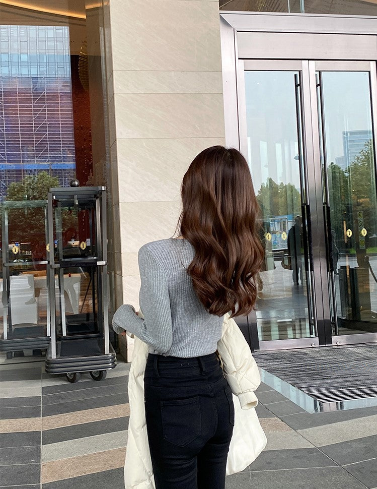 Grey Cut-Out Collar Ribbed Sweater