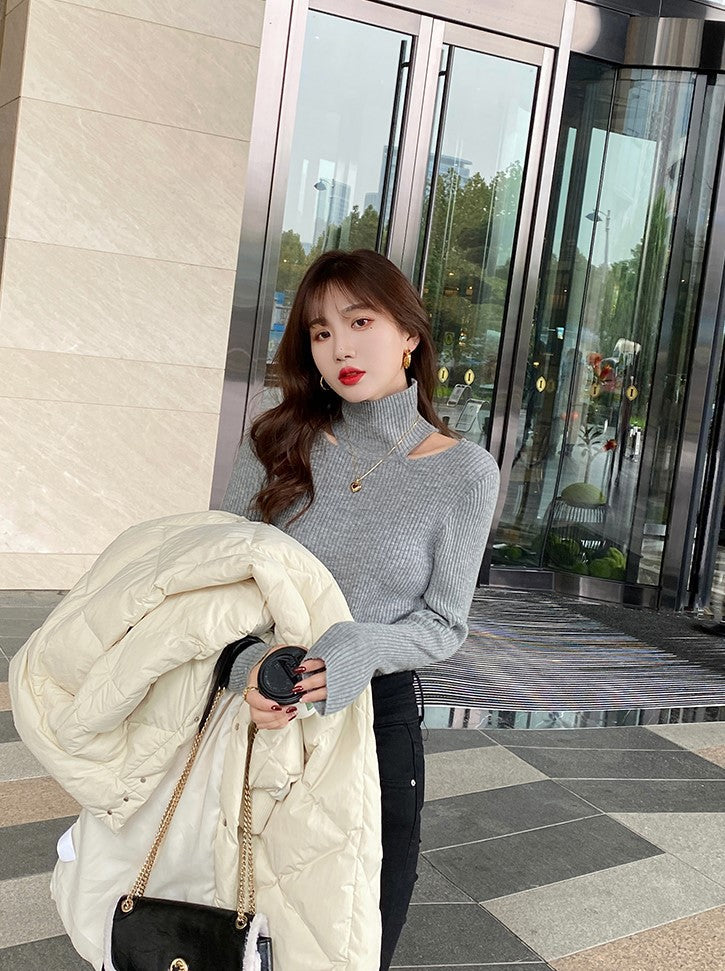 Grey Cut-Out Collar Ribbed Sweater