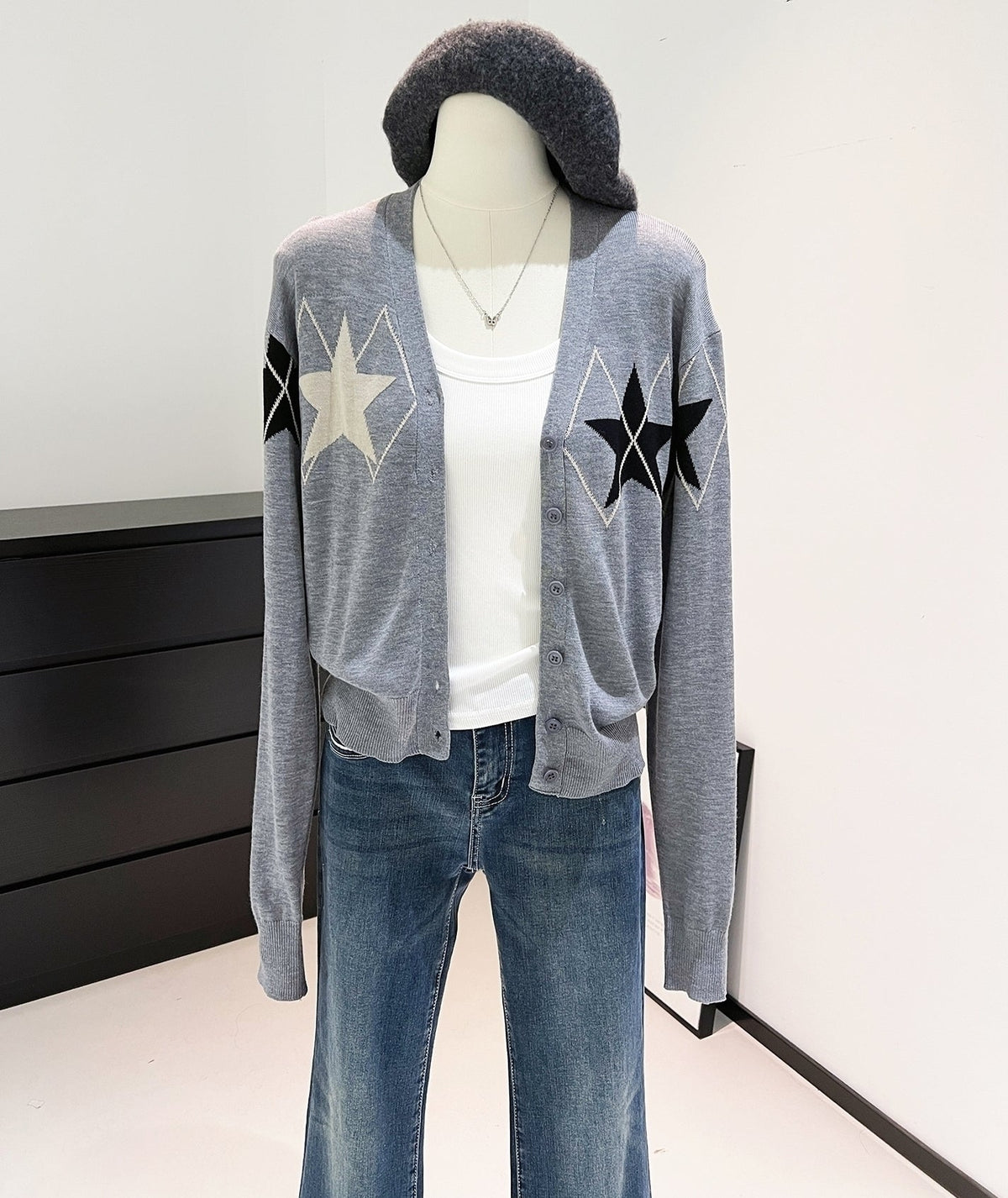 Grey Diamond And Star Print Cardigan