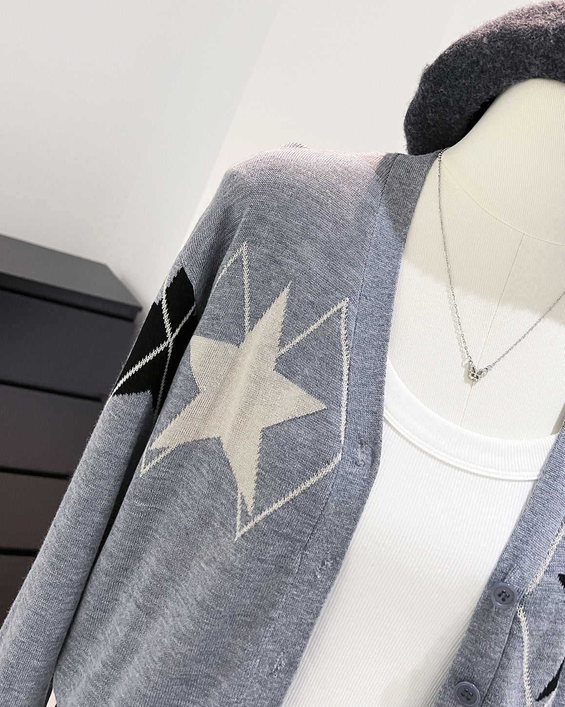Grey Diamond And Star Print Cardigan