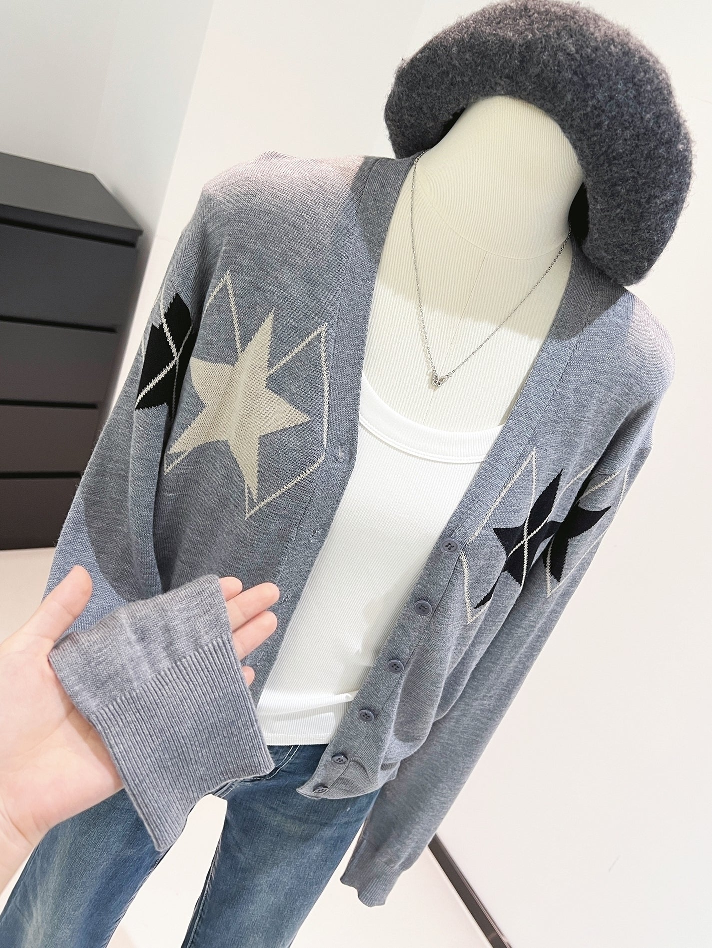 Grey Diamond And Star Print Cardigan