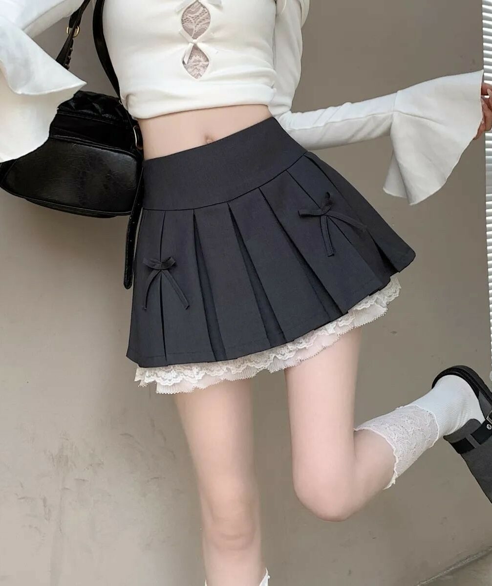 Grey Double Bow Laced Pleated Skirt