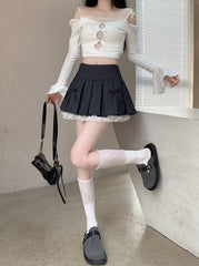 Grey Double Bow Laced Pleated Skirt