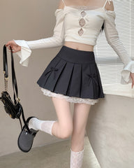 Grey Double Bow Laced Pleated Skirt