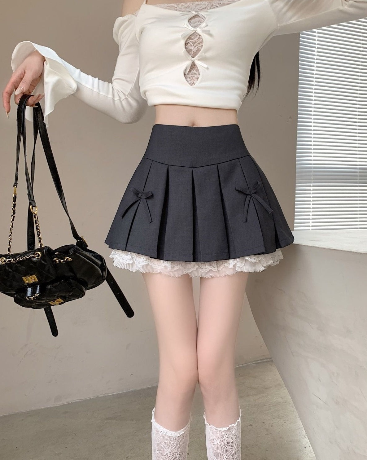 Grey Double Bow Laced Pleated Skirt