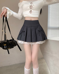 Grey Double Bow Laced Pleated Skirt