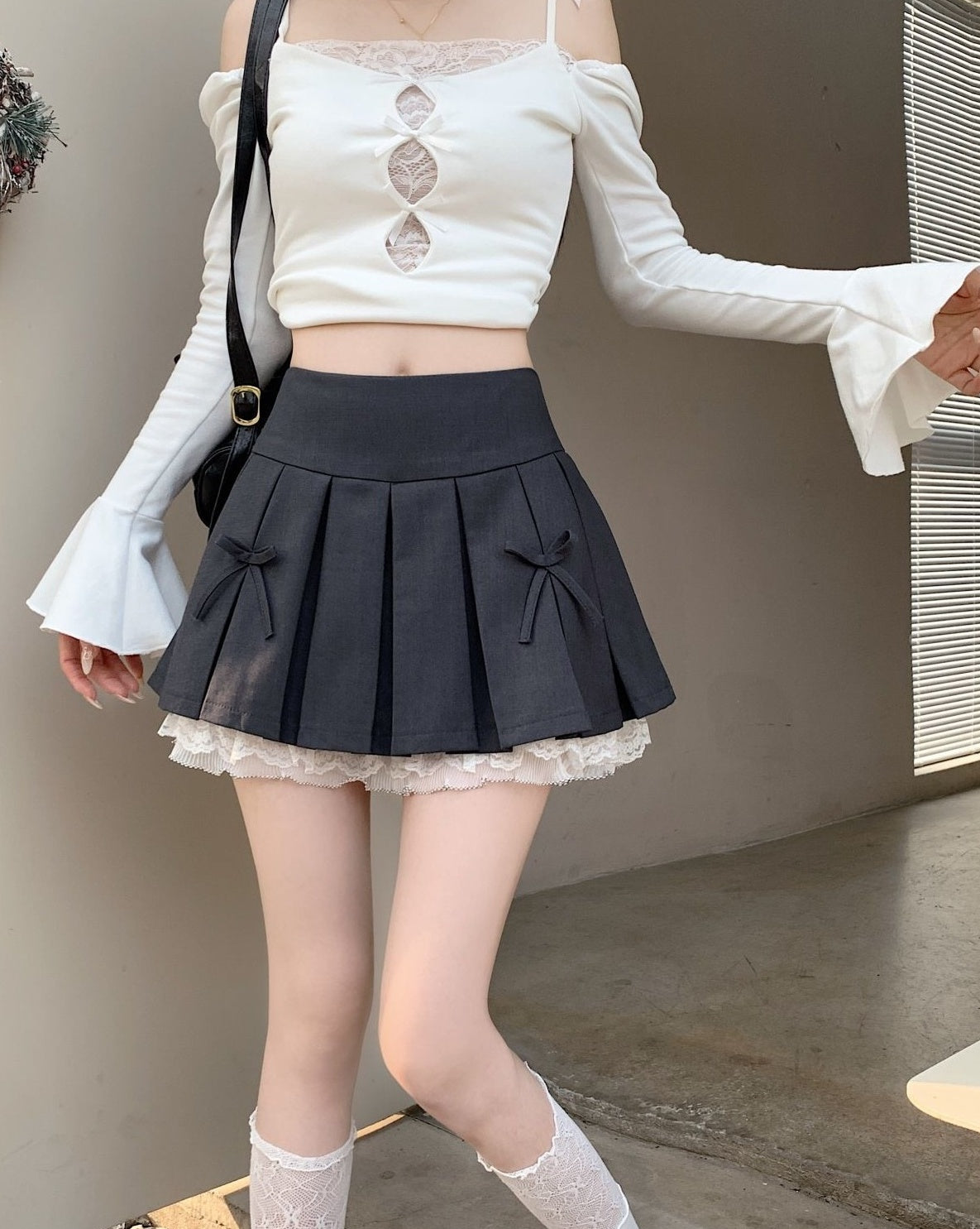 Grey Double Bow Laced Pleated Skirt