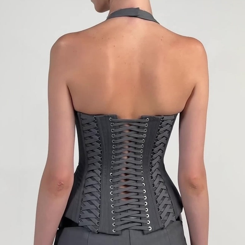 Grey Double Lace-Up Halter Top