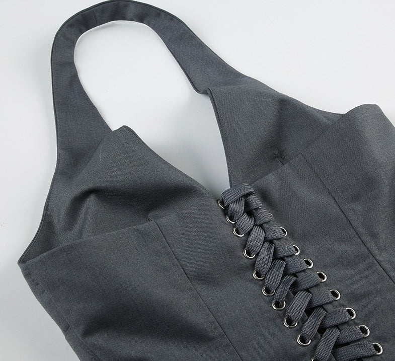 Grey Double Lace-Up Halter Top