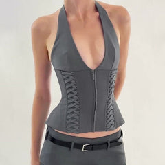 Grey Double Lace-Up Halter Top