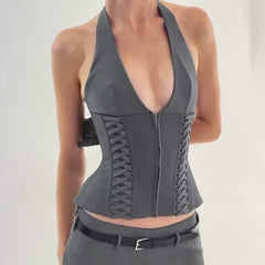 Grey Double Lace-Up Halter Top