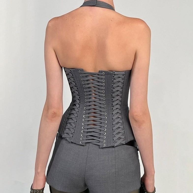 Grey Double Lace-Up Halter Top