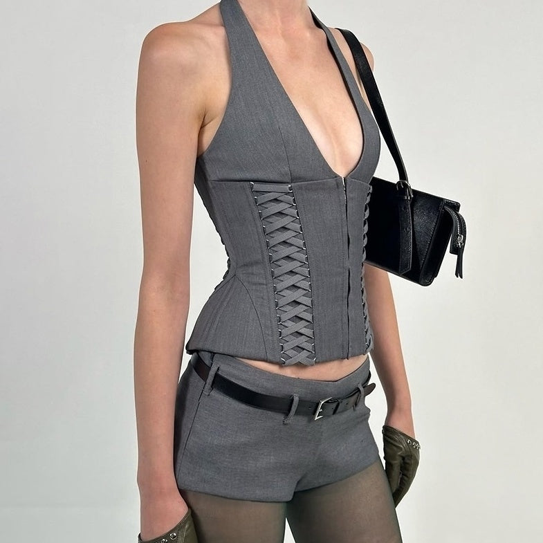 Grey Double Lace-Up Halter Top