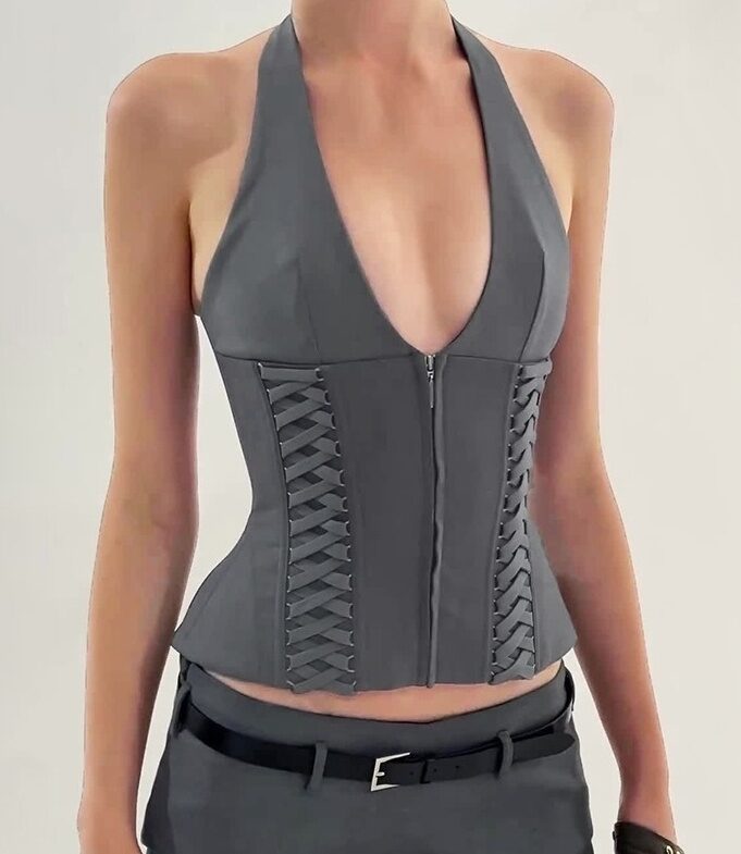 Grey Double Lace-Up Halter Top