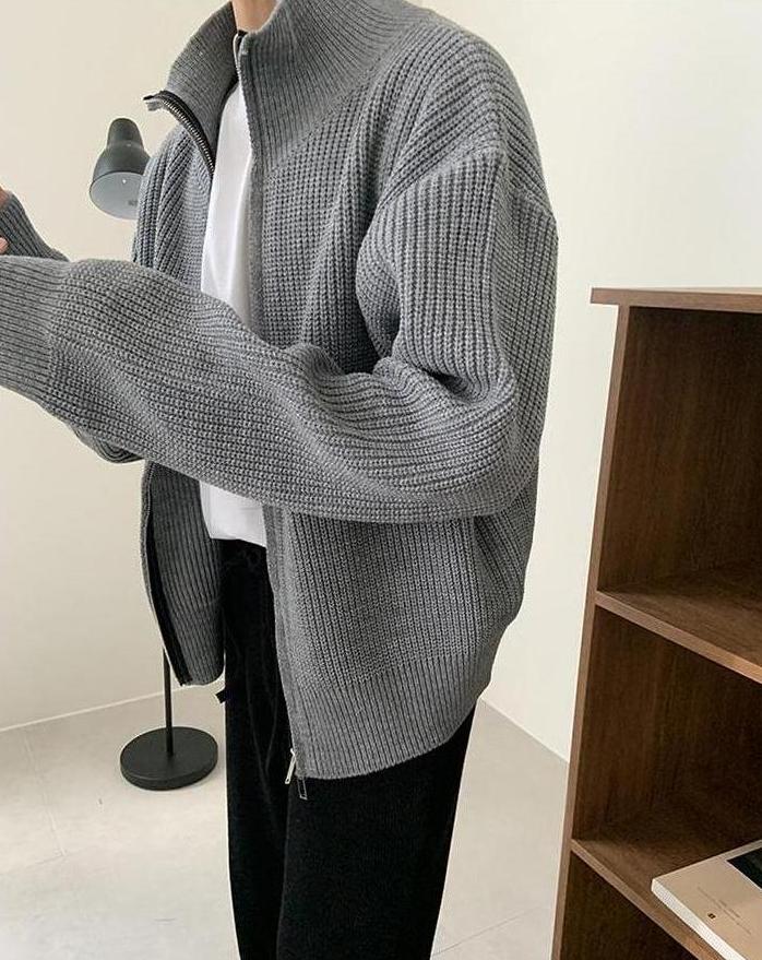 Grey Double Zipper Knitted Jacket