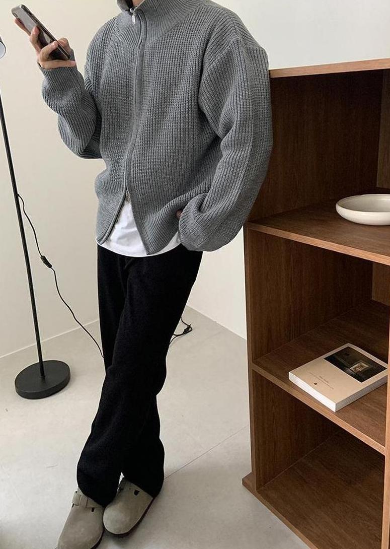 Grey Double Zipper Knitted Jacket