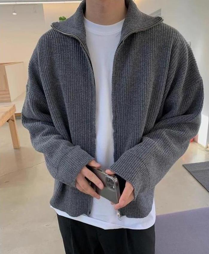 Grey Double Zipper Knitted Jacket