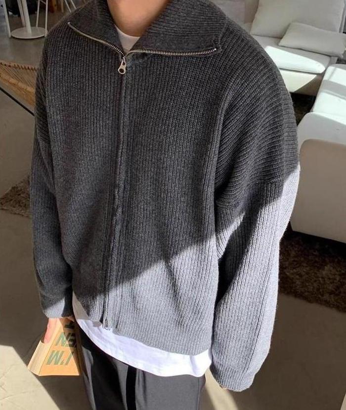 Grey Double Zipper Knitted Jacket