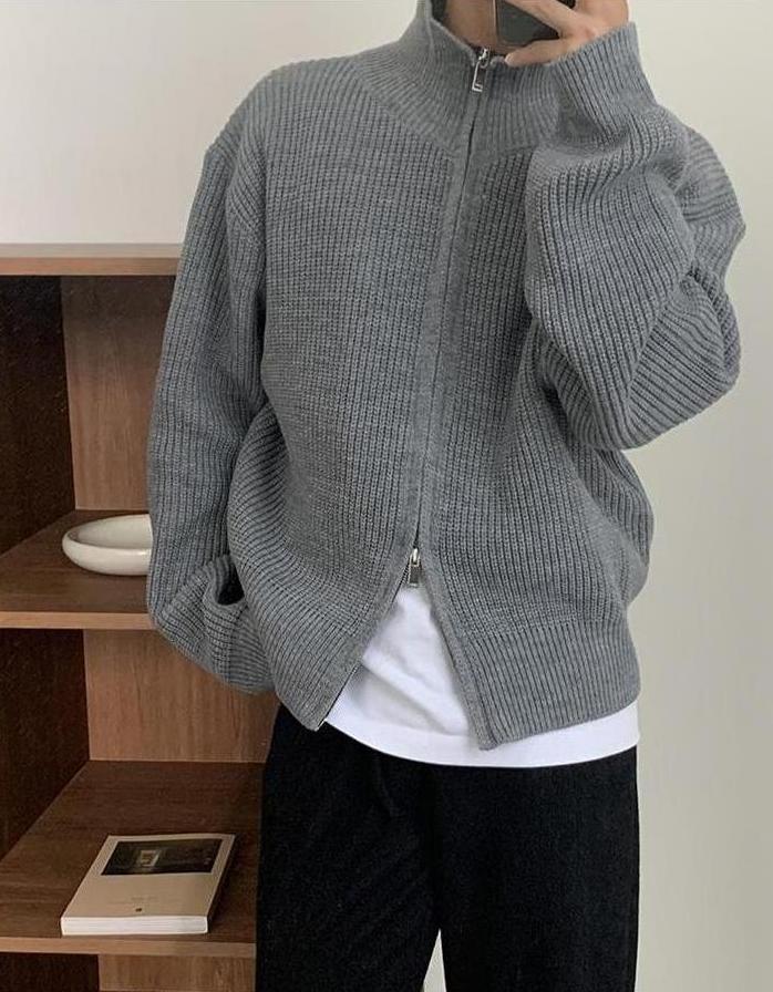 Grey Double Zipper Knitted Jacket