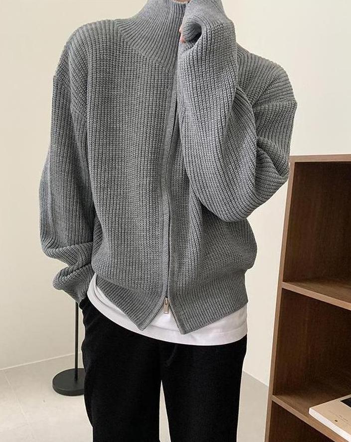 Grey Double Zipper Knitted Jacket