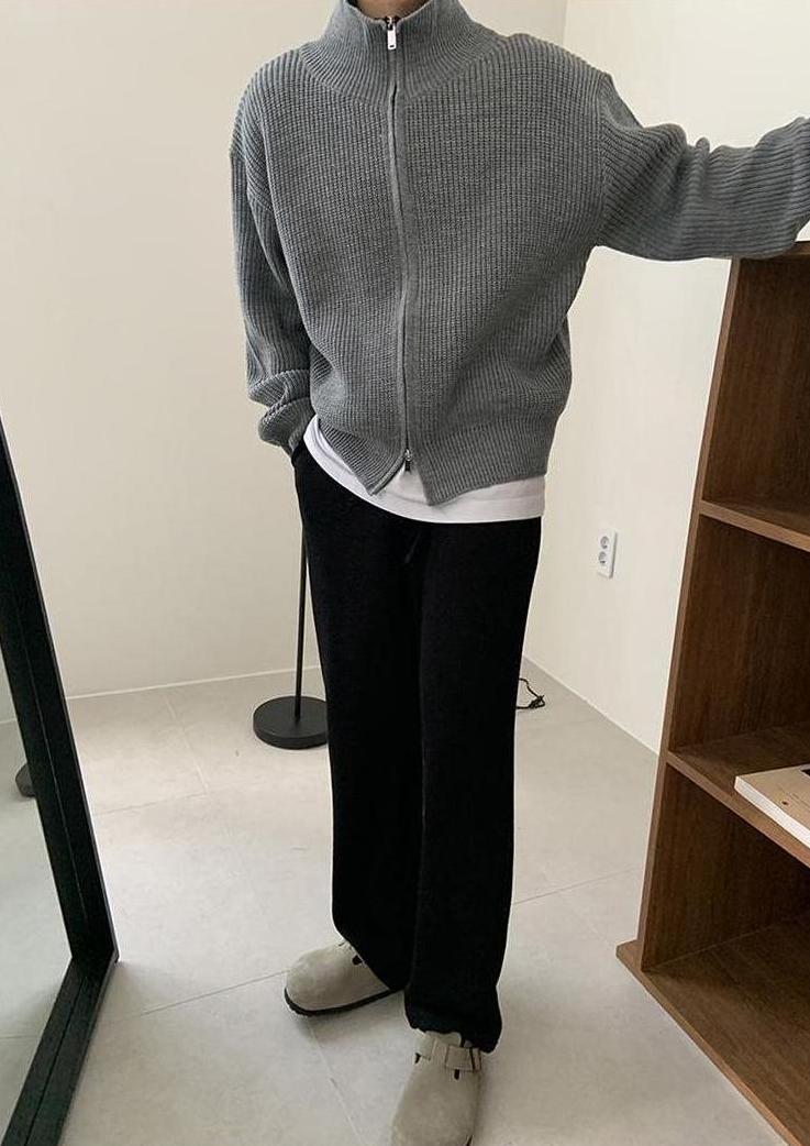 Grey Double Zipper Knitted Jacket